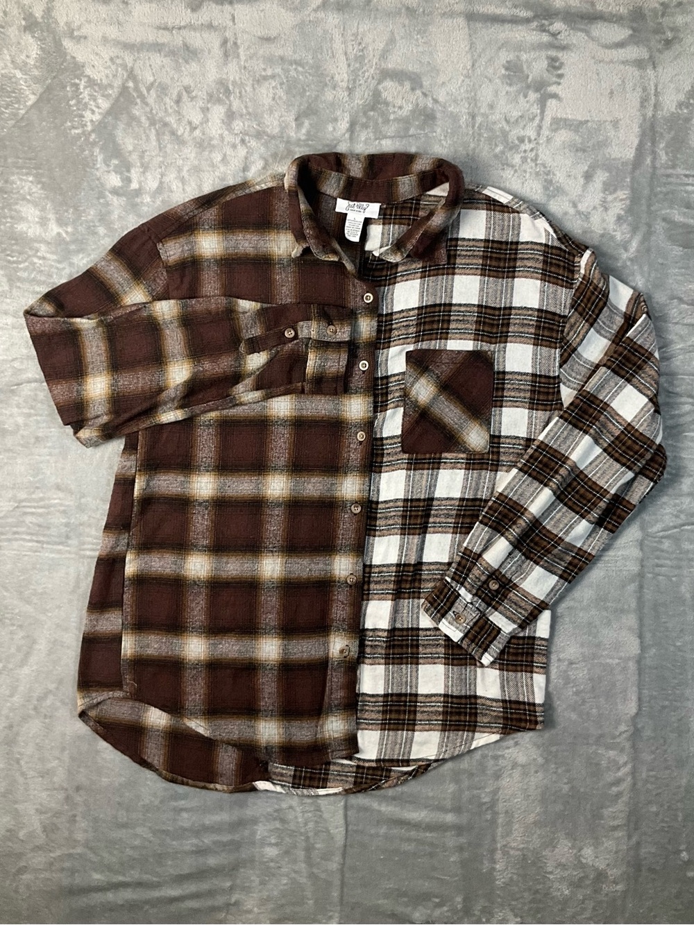 Just Polly New York Flannel Shirt Womenās L Brown White Plaid Button-Up